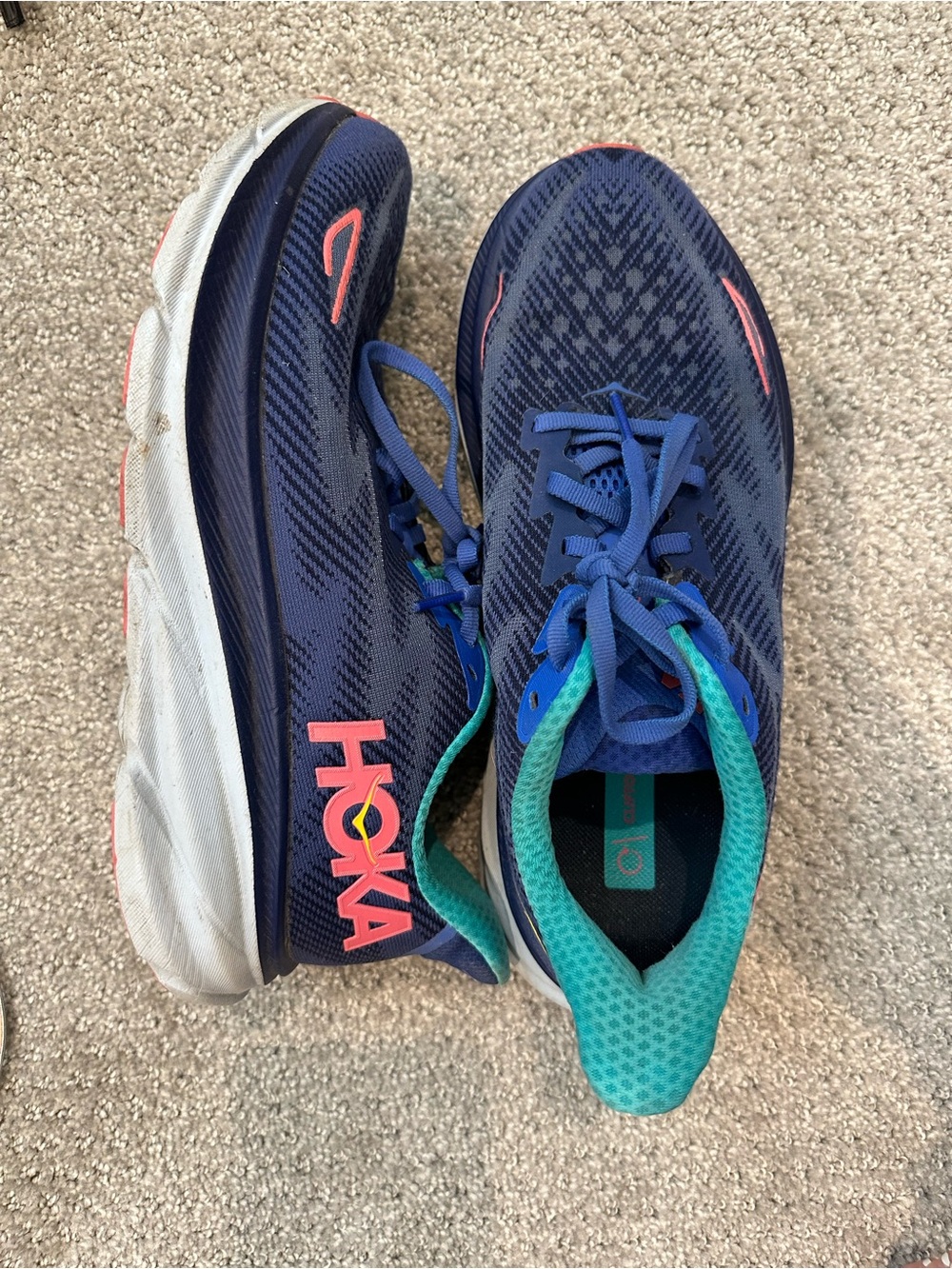 Hoka Women's Navy and Teal Running Shoes with Coral Logo